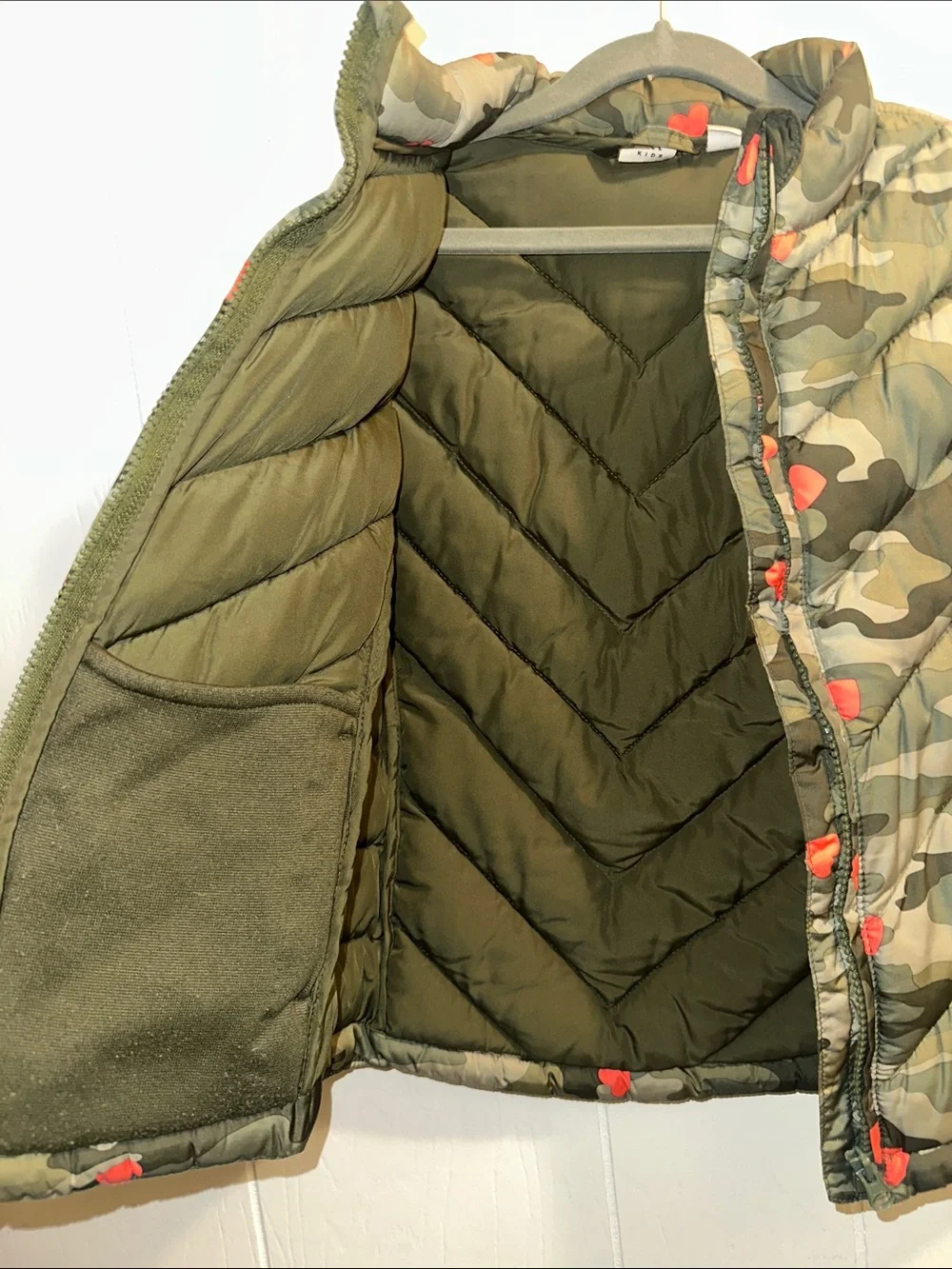 GAP Olive Green Camo Puffer Vest with Red Heart Accents